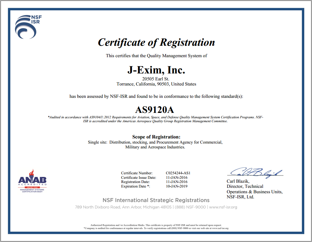 J-EXIM Inc is AS9120B Certified